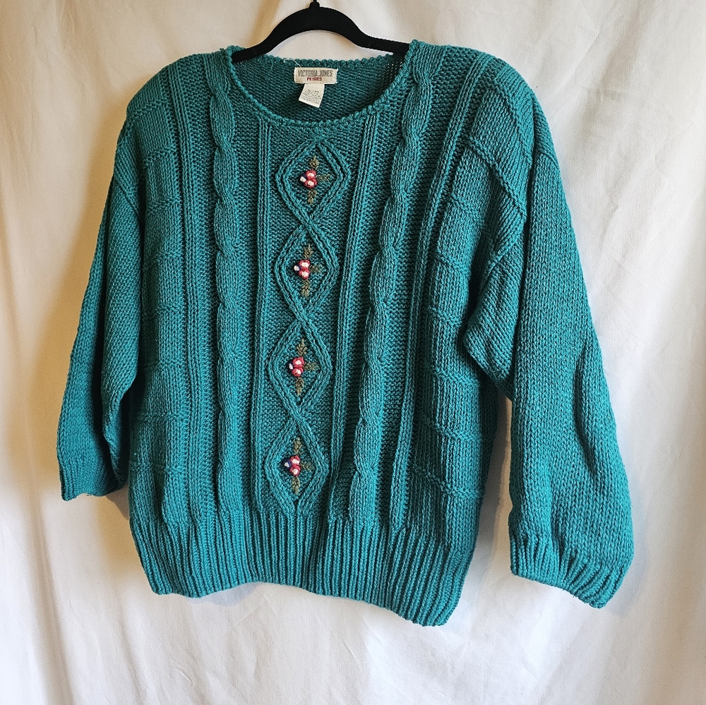 Vintage Victoria Jones Petite Large Sweater Teal & Flower Detailing Knit